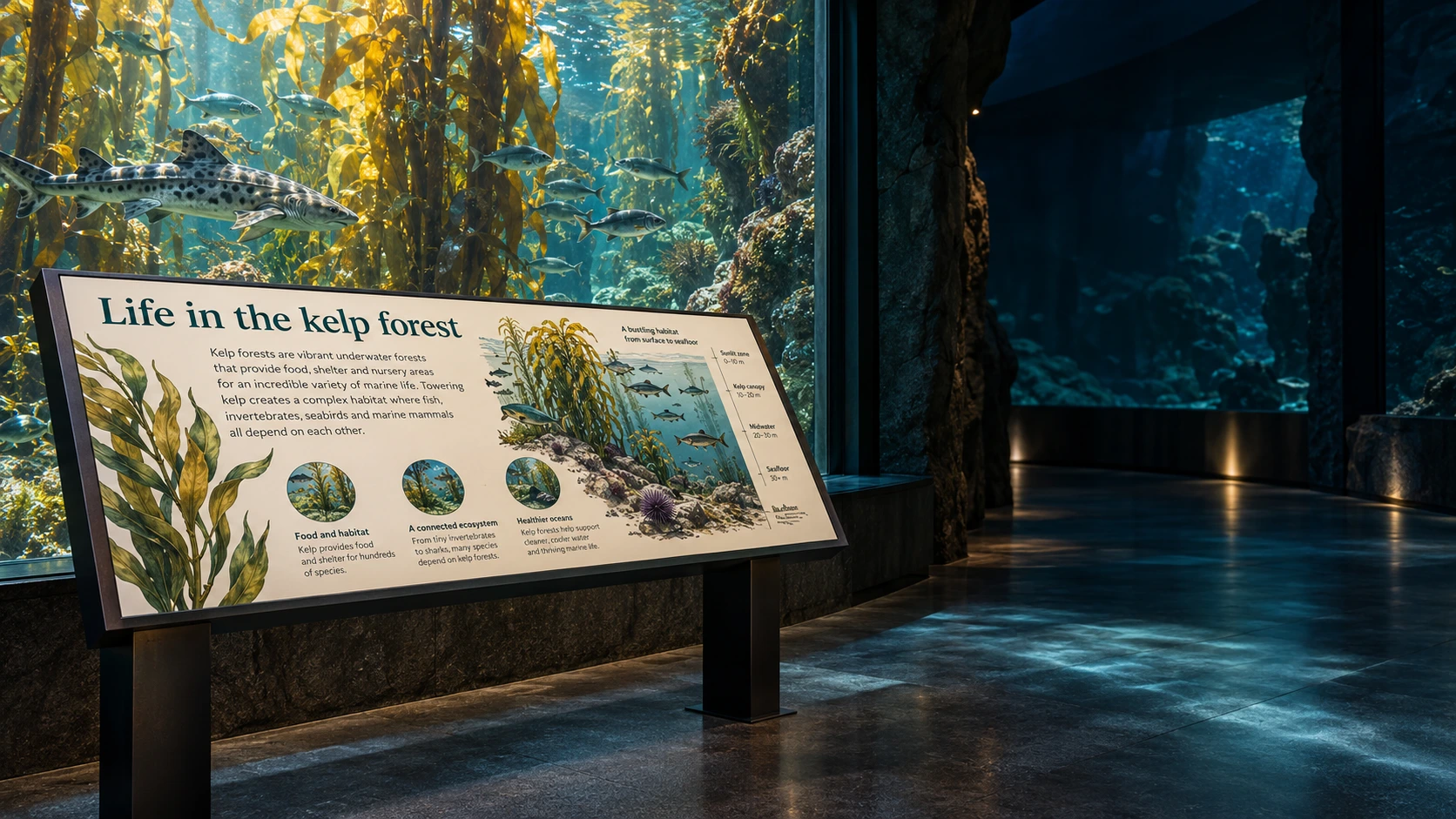 Aquarium interpretive signage about kelp-forest marine life beside a glowing kelp forest tank