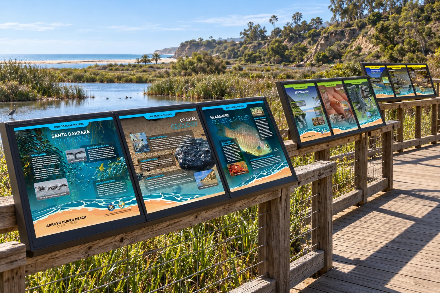 Three groups of interpretive panels visualized along a wooden walkway above Arroyo Burro Estuary