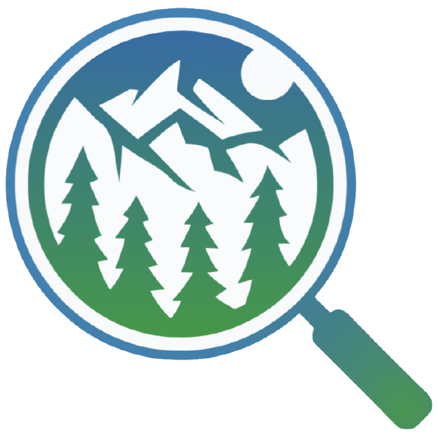 Mountain and forest magnifying glass logo