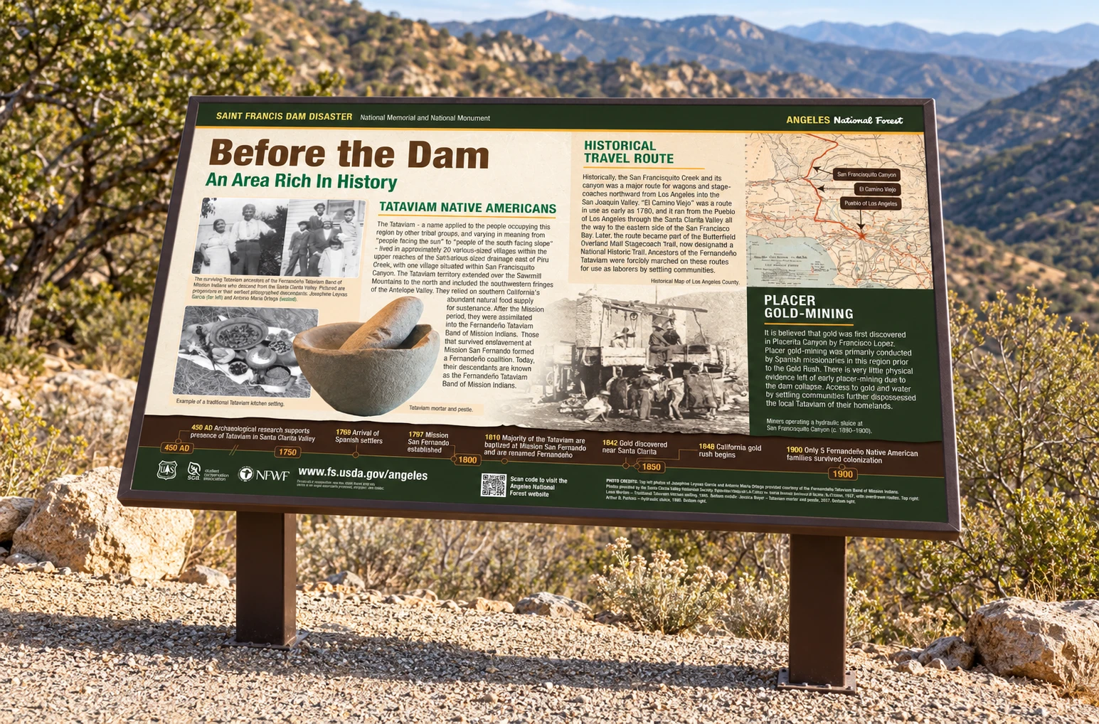 Before the Dam artwork visualized on a wayside panel in a dry canyon setting